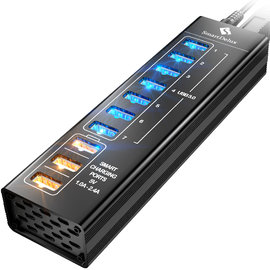 10-port Aluminum USB Hub (Black) (7 ports USB 3.0 + 3 SMART CHARGING ports) — SDU3-P10C3