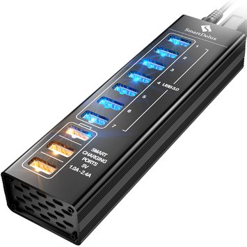 10-port Aluminum USB Hub (Black) (7 ports USB 3.0 + 3 SMART CHARGING ports) — SDU3-P10C3