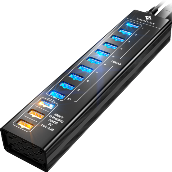 13-port Aluminum USB Hub (Black) (10 ports USB 3.0 + 3 SMART CHARGING ports) — SDU3-P10C3